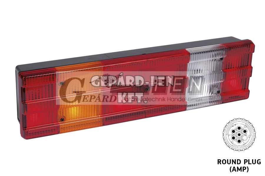 Hátsólámpa 6 kamrás Mercedes Actros 3BORDÁS búrás BAL oldal +rendszám +DIN csatlakozó oldalt 525x130mm, vast.: 83mm, furattáv.: 200mm - L-2103PLSR