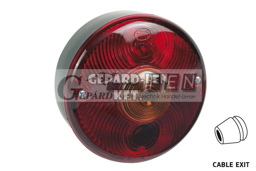 Kerek Hátsólámpa, középen KEREK sárga irányjelzővel BAL oldal +rendszám +kábelkivezető, átm.: 140mm, vast.: 90mm, csavartáv.: 45mm - 8080/15