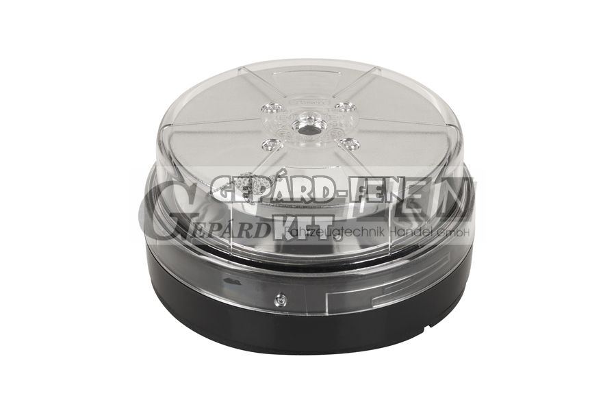 Forgólámpa / LED Villogólámpa - színtelen búrás - SÁRGA, 10-30V, Kerek, lapos kivitel, 12LED-es, CSAVAROS felfogatás, átm.: 147mm, mag.: 76mm, 10 különböző funkció - DSL-450.05