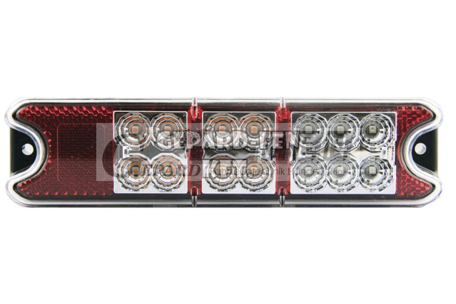Hátsólámpa keskeny 3 funkciós (Hj.+Fék+Index) 14LED-es 191x50mm, vast.: 28mm, furattáv.: 174mm - DSL-4010