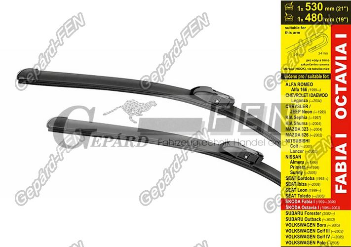 Ablaktörlő szett AERO 530+480mm Normál kampós (Fabia, Octavia, Cordoba, Leon, Ibiza, Toledo, Bora, Golf, Polo, 323, 626)