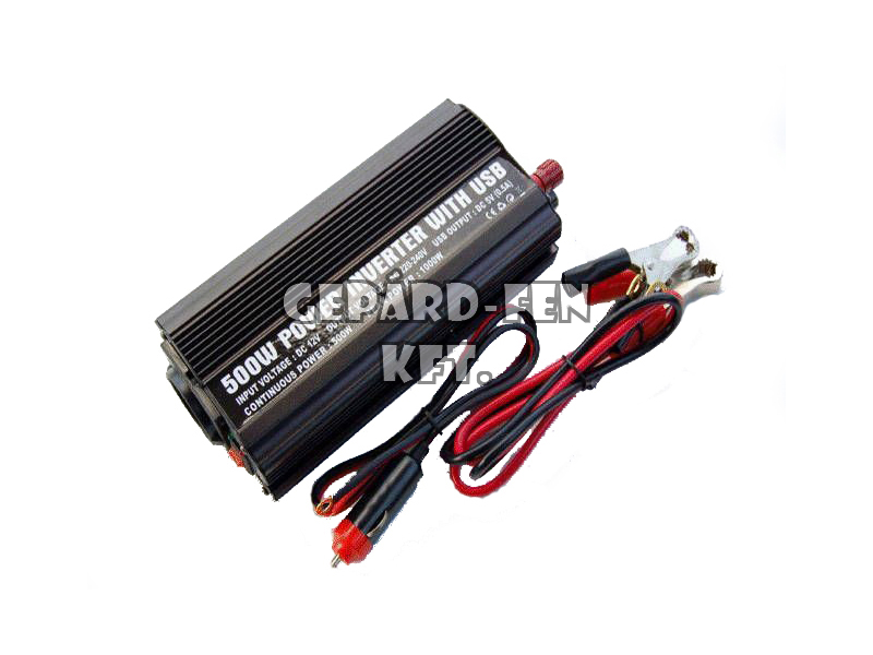 Áramátalakító Inverter 24V -> 220V 500W (fém házas, ventillátoros hûtés) +USB dugó