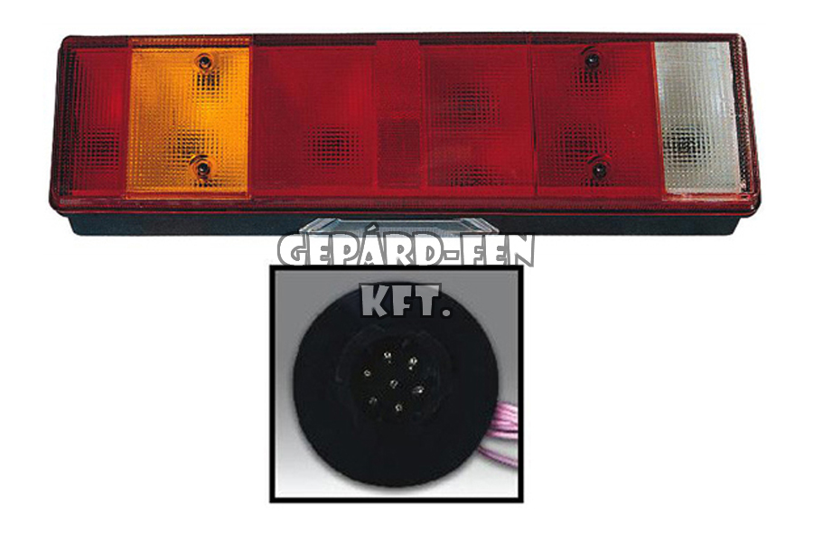 Hátsólámpa 7 kamrás SIMA búrás BAL oldal +rendszám +DIN csatlakozó hátul 467x132mm, vast.: 79mm, csavartáv.: 151mm (0030LL)