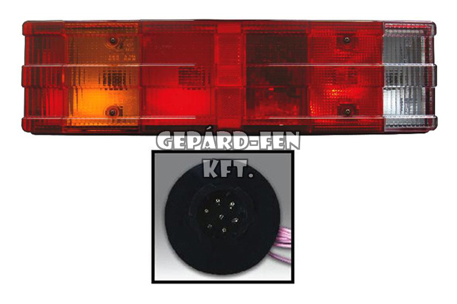 Hátsólámpa 7 kamrás 3BORDÁS búrás BAL oldal +rendszám +DIN csatlakozó hátul, 467x131mm, vast.: 86mm, csavartáv.: 151mm (0031LL)