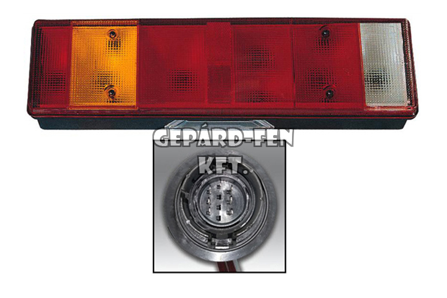 Hátsólámpa 7 kamrás sima búra BAL oldal +rendszám +IVECO csatlakozó hátul 467x132mm, vast.: 79mm, csavartáv.: 151mm (0030LL)