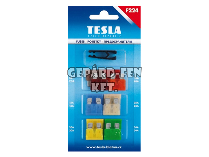 Késes biztosíték szett +Csipesz 12db-os (1x5A 1x7,5A 1x10A 2x15A 2x20A 2x25A 2x30A 1x40A) - TESLA - F224