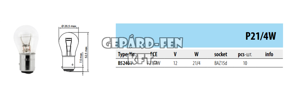 Duplaszál Izzó 12V P21/4W BAZ15d - Tesla - (darabáras termék, min. kiadható mennyiség: 10db/csomag)