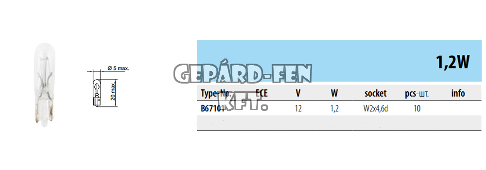 Üveg Izzó / Rizsszem Izzó 12V 1,2W (1,2W) W2x4,6d - Tesla - (darabáras termék, min. kiadható mennyiség: 10db/csomag)