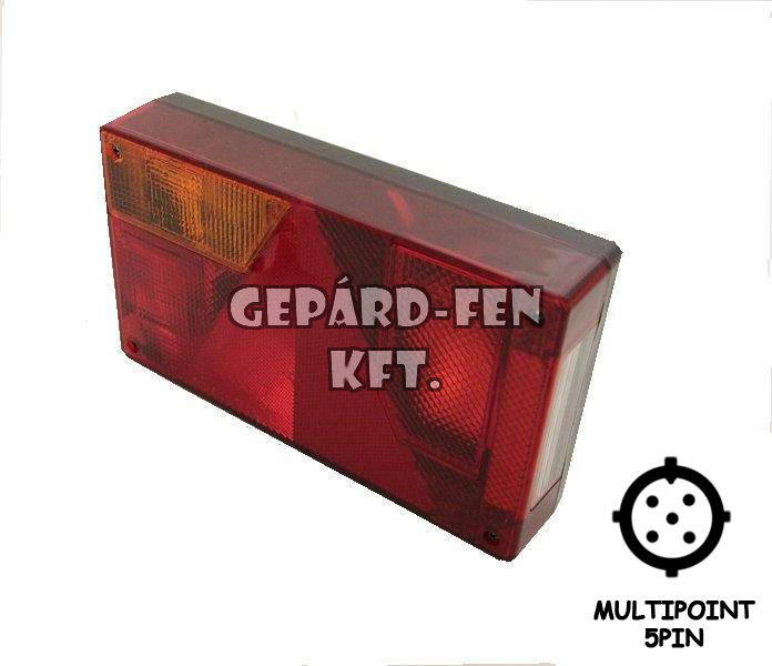 Utánfutó Hátsólámpa BAL oldal (Hj.+fék+index+KÖDZÁRÓ+rendszám), +Multipoint 5P csatlakozó hátul (AJ-BA) 237x138mm, vast.: 53mm, csavartáv.: 151mm