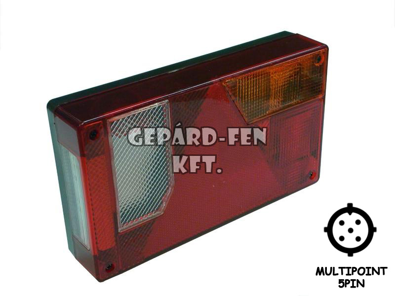 Utánfutó Hátsólámpa JOBB oldal (Hj.+fék+index+TOLATÓ+rendszám), +Multipoint 5P csatlakozó hátul (AJ-BA) 237x138mm, vast.: 53mm, csavartáv.: 151mm