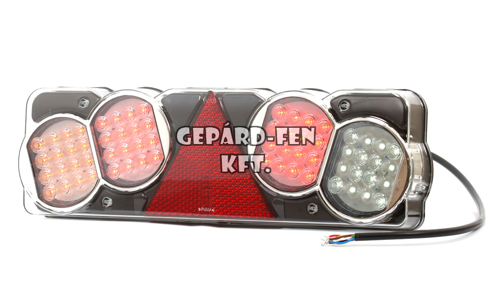 !!!AKCIÓ!!! a készlet erejéig - Pótkocsi Hátsólámpa 24V 64LED-es 5funkciós (hj.+fék+index+köd+tolató) +háromszög prizma +rendszám vil. (alul), BAL oldal, 480x147mm, vast.: 75mm, csavartáv.: 150mm (205-W39L)