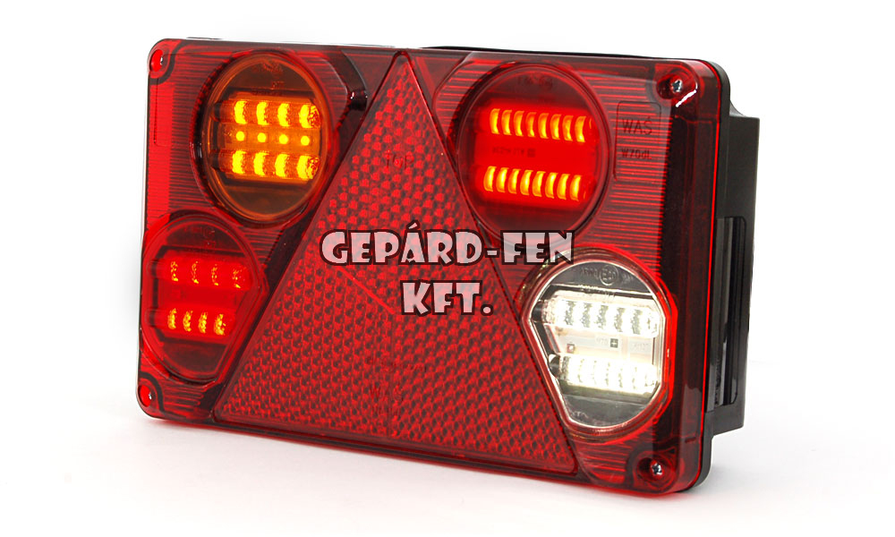 Utánfutó hátsólámpa (4 o LED) 12-24V BAL oldal Hj.+Fék+Index+Tolató+Köd+Háromszögprizma, 235x143mm, vast.:60mm, csavar táv.:150mm (391-W70dL)
