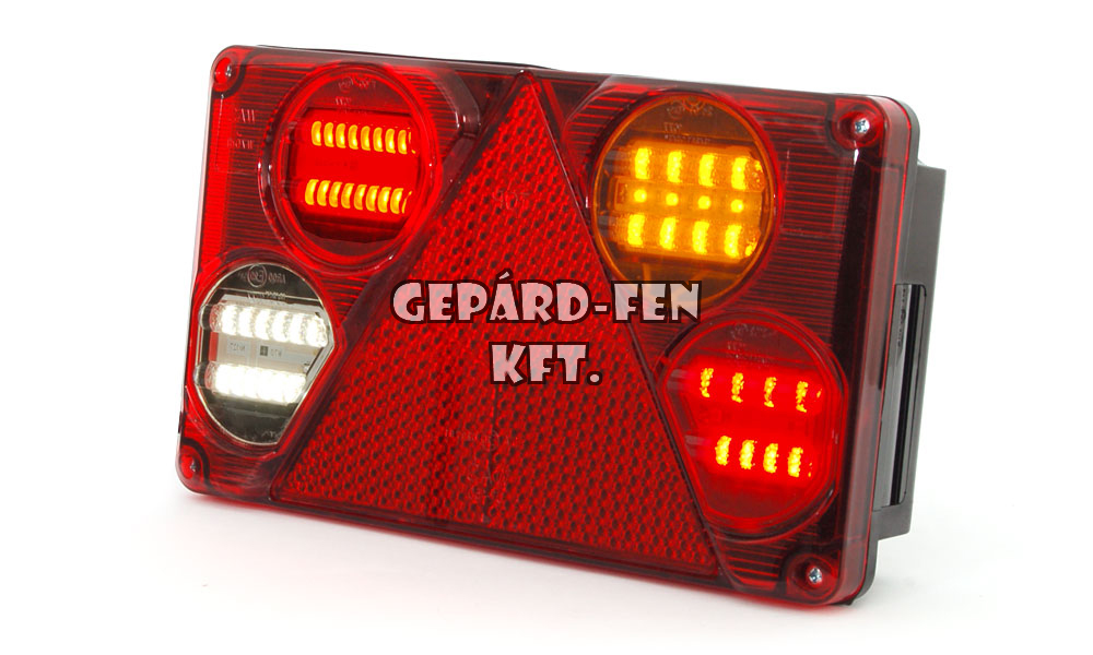 Utánfutó hátsólámpa (4 o LED) 12-24V JOBB oldal Hj.+Fék+Index+Tolató+Köd+Háromszögprizma, 235x143mm, vast.:60mm, csavar táv.:150mm (392-W70dP)