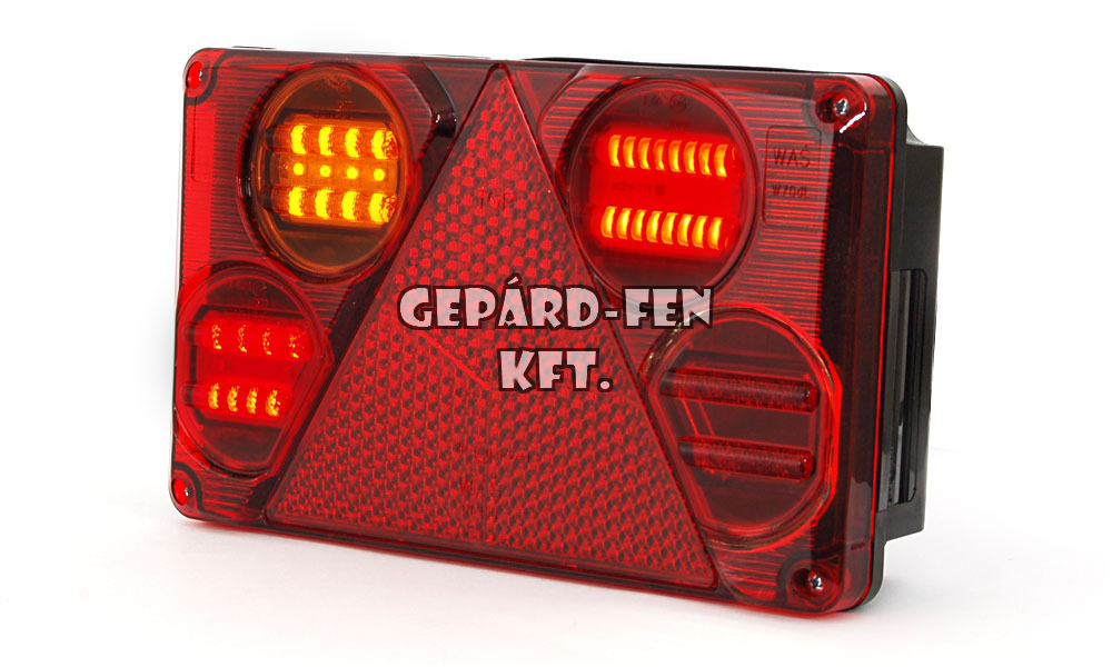 !!!AKCIÓ!!! a készlet erejéig - Utánfutó hátsólámpa (4 o LED) 12-24V BAL oldal Hj.+Fék+Index+Köd+Háromszögprizma+Rendszám vil (oldalt) 235x143mm, vast.:60mm, csavar táv.:150mm (393-W70dL)