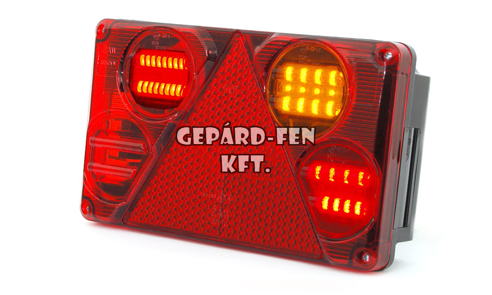 !!!AKCIÓ!!! a készlet erejéig - Utánfutó hátsólámpa (4 o LED) 12-24V JOBB oldal Hj.+Fék+Index+Köd+Háromszögprizma+Rendszám vil (oldalt) 235x143mm, vast.:60mm, csavar táv.:150mm (396-W70dL)