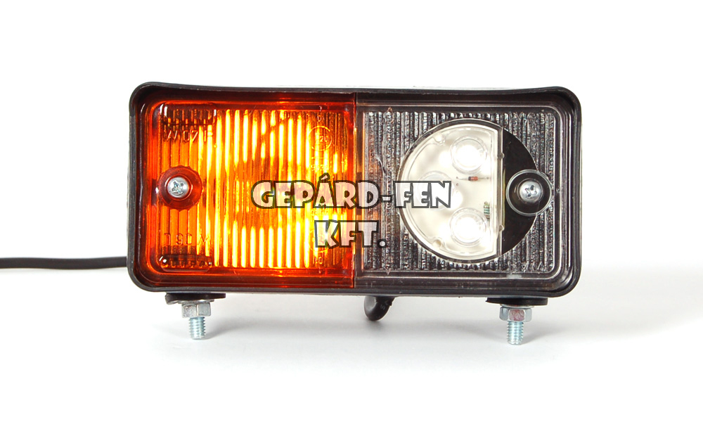 Traktor Első helyzetjelző (LED-es) + index (IZZÓS), BAL oldal, 150 x 70mm, vast.: 77mm, felfogatás 2 csavarral alul(110mm) vagy hátul(55mm) (490-W06dzL)