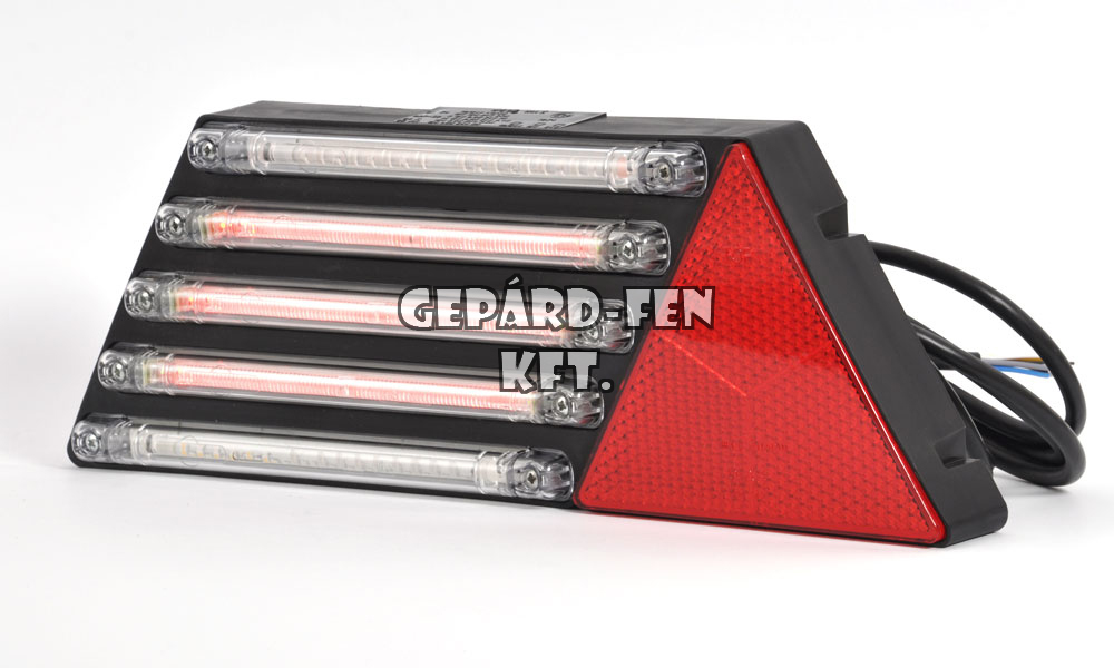 !!!AKCIÓ!!! a készlet erejéig - Pótkocsi Hátsólámpa 12V 5 csík LED-es, 5funkciós (Hj.+fék+index+köd+tolató) +háromszögprizma BAL oldal 415x145mm, vast.: 53mm, csavartáv.: 150mm (332o/I-W69L)