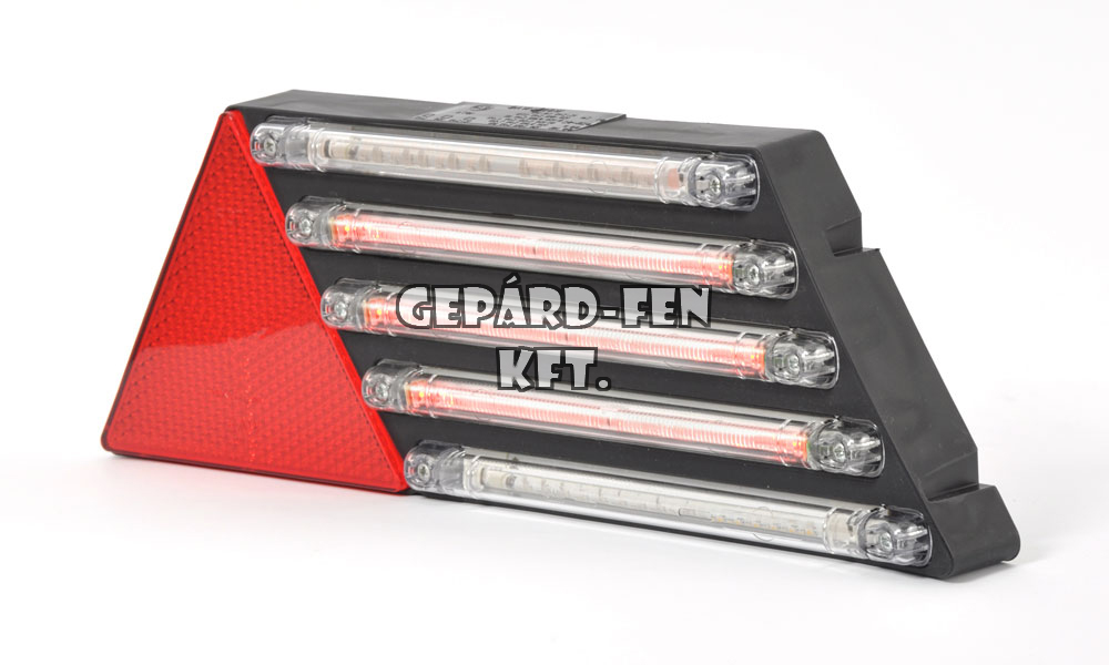 !!!AKCIÓ!!! a készlet erejéig - Pótkocsi Hátsólámpa 12/24V 5 csík LED-es, 5funkciós (Hj.+fék+index+köd+tolató) +háromszögprizma JOBB oldal 415x145mm, vast.: 53mm, csavartáv.: 150mm (334/II-W69P)