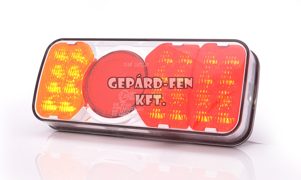 Hátsólámpa KÖR prizmás, színes búrás, BAL/JOBB, 12-24V, 24LED-es, 3funkc. (hj+fék+index) +rendszámvil oldalt, +2m kábel, 201x85mm, vast.: 40/61mm (317KR-W67LiP)