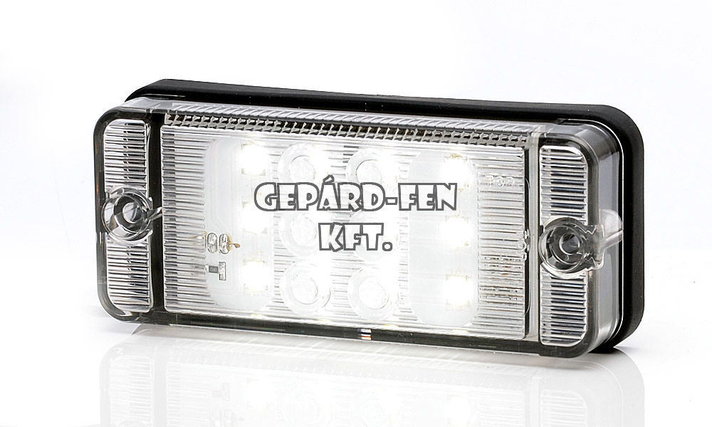 W84d tipuscsalád.702. Univerzális, hátsó keskeny és lapos téglalap alakú fehér tolató lámpa,-gumi alátéttel.12-24V,-os kivitel. 12 Led. 168 lumen. Vízállóság: IP66/68. Méretei: 107,4x46,7x23mm. 38cm bekötési vezetékkel.