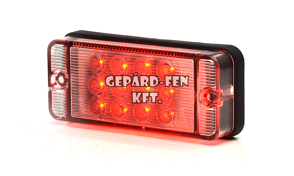 W83d tipuscsalád.700.Univerzális hátsó,keskeny és lapos téglalap alakú ködlámpa fehér búrával,-gumi alátéttel.12-24V,-os kivitel.12 Led.Vízállóság:IP66/68. Méretei:107,4x46,7x23mm.38 cm bekötési vezetékkel.