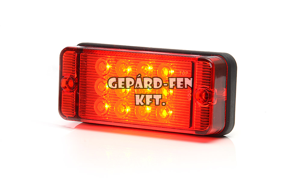 W83d tipuscsalád.700KR. Univerzális hátsó keskeny és lapos téglalap alaku ködlámpa piros búrával,-gumi alátéttel.12-24V,-os kivitel.12 Led.Vízállóság:IP66/68. Méretei:107,4x46,7x23mm.38cm bekötési vezetékkel.