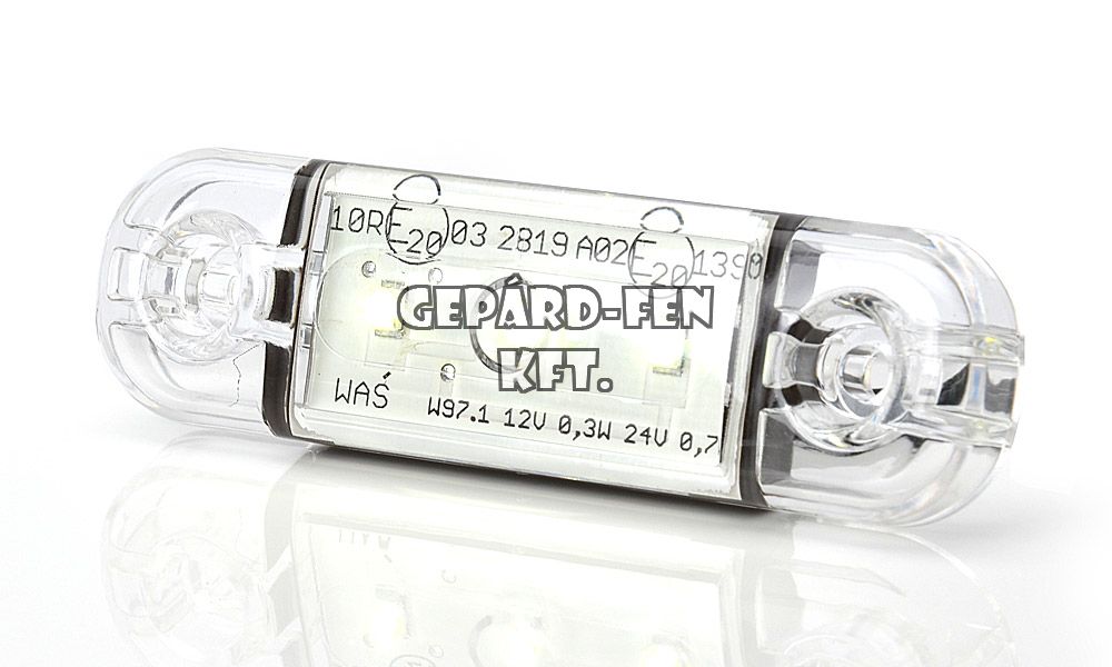 W97.1 tipuscsalád.710.Rővid, lekerekített FEHÉR, lapos első helyzetjelző lámpa-gumi alaplappal.12,24V,-os kivitel.3 Led.23,9 Lumen.Méretei:83,8x24,2x10,4mm.Furattáv:61mm.Vízállóság:IP66/68.23 cm bekötési vezetékkel.