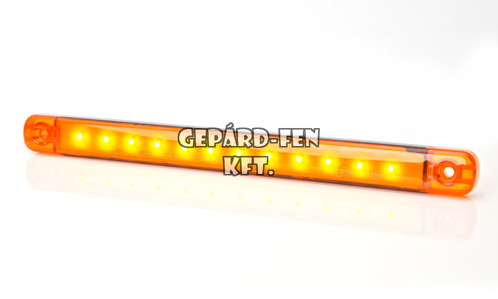 W97.5 tipuscsalád.720. Vékony és keskeny 12 LED,-es sárga szélességjelző lámpa.12-24V,-os kivitel.Hosszú, csík alaku, LAPOS kivitel.Méretei: 238x21mm. Vastagság:11mm Furattáv: 212mm. Vízáll: IP66/68. Hasonlóak: WAS287,288!!