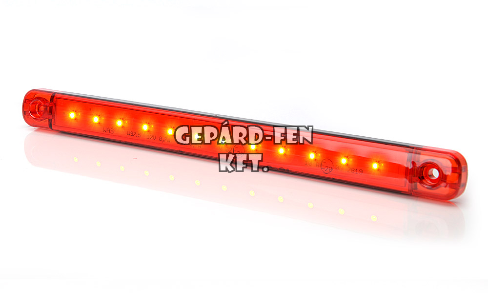 W97.5 tipuscsalád.720. Vékony és keskeny 12LED,-es piros hátsó helyzetjelző lámpa.12-24V,-os kivitel.Hosszú, csík alaku LAPOS kivitel.Méretei: 238x21mm. Vast: 11mm. Furattáv: 212mm. Vízáll:IP66/68.