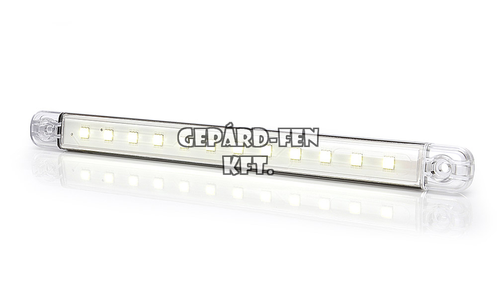 LW10 tipuscsalád.729. 24V,-os hosszúkás csík alaku belső világítás. LAPOS kivitel. 12 LED,-es 3 W ,285 Lumen teljesítmény. Méretei:238x21mm, vast.: 11mm, furattáv.: 212mm.Vizáll:IP66/68 40 cm beköt. vezetékkel.