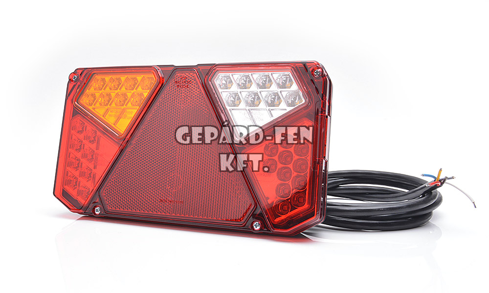 W125 tipuscsalád.915.Teljesen LED,-es 5 funkciós(H.jelzö,fék,irányj,tolató,köd) utánfutó,ill.pótkocs hátsólámpa háromszög prizmával.BAL oldal.12-24V,-os kivitel.Méretei: 242x134mm, vast.:37(59)mm, csavar táv.:150mm.2m vezetékkel.Vízáll:IP56/68