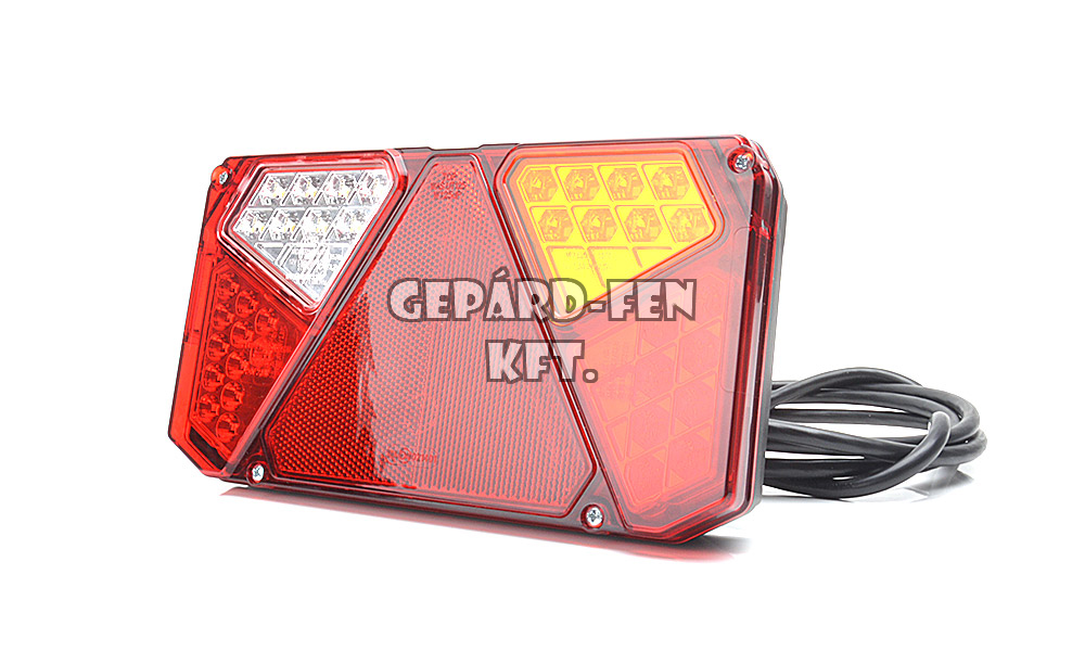 W125,-ös tipuscsalád.916.Teljesen LED,-es 5 funkciós (H.jelző,fék,irányj,tolató,köd) utánfutó,ill.pótkocsi hátsó lámpa háromszög prizmával.JOBB oldal.12-24V,-os kivitel.Méretei: 242x134mm, vast.:37(59)mm csavartáv:150mm.2m vezetékkel.Vízáll:IP56/68.