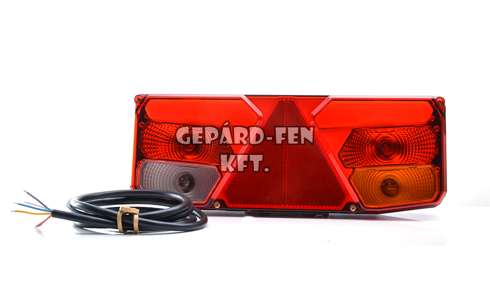 W137,-es tipuscsalád.1033.12-24V,-os pótkocsi hátsólámpa 5kamrás-részben NEON Led,-es-(helyzetj,fék,irányj,tolató,köd, szélességj.) háromszögprizmás.JOBB oldal.Méretei: 350x130mm, vast.: 80mm, csavartáv.: 150mm. Párja:WAS0333.