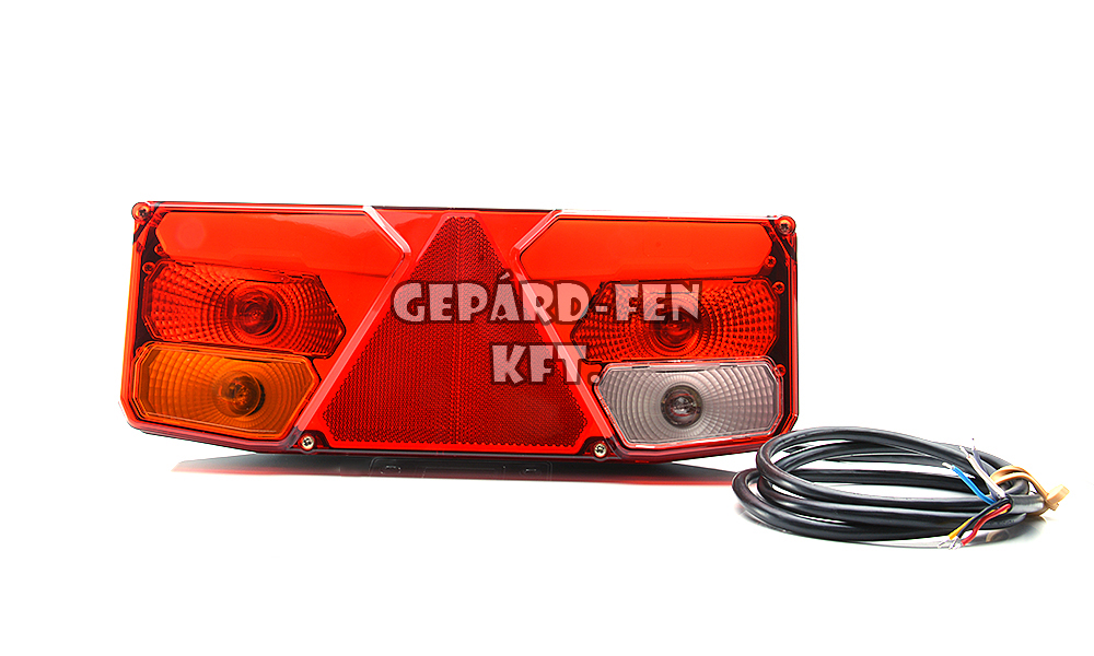 W137,-es tipuscsalád.1030.12-24V,-os pótkocsi hátsólámpa 5kamrás-részben NEON Led,-es-(helyzetj,fék,irányj,tolató,köd,széless.j)háromszögprizmás, BAL oldal,Méretei: 350x130mm, vast.: 80mm, csavartáv.: 150mm.Párja:WAS0332.