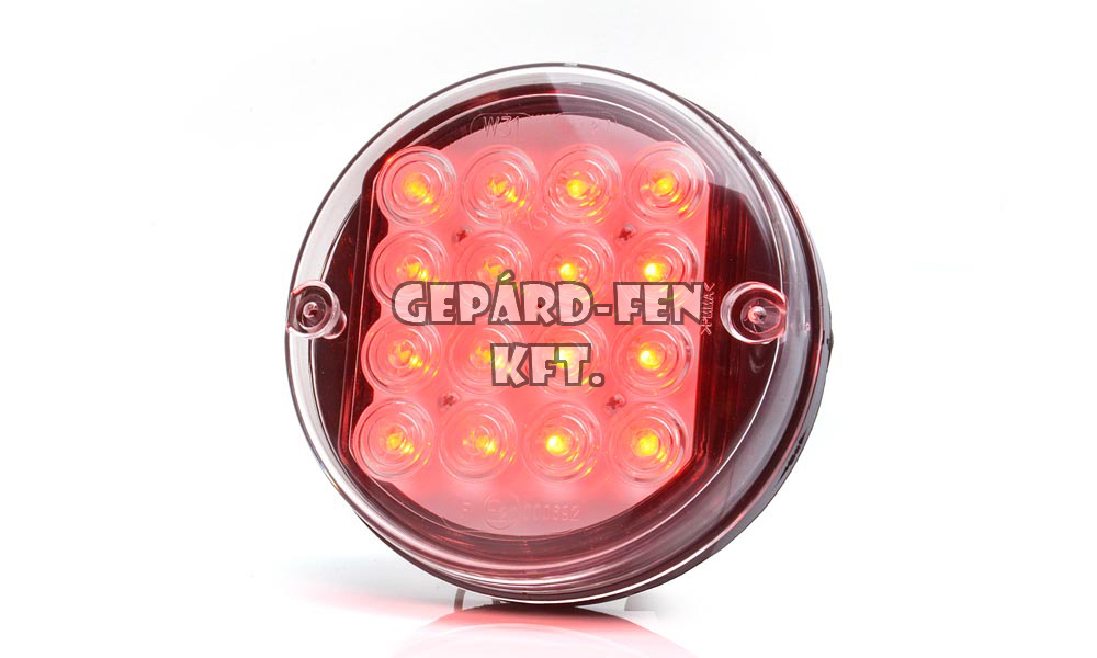 W31,-es tipuscsalád.169.Univerzális kerek 16LED-es 24V,-os hátsó ködlámpa, 0,4m vezetékkel.Méretei:  Átm.: 115mm, mélység:37mm, csavartáv.: 46mm .Vízállóság: IP66/68.