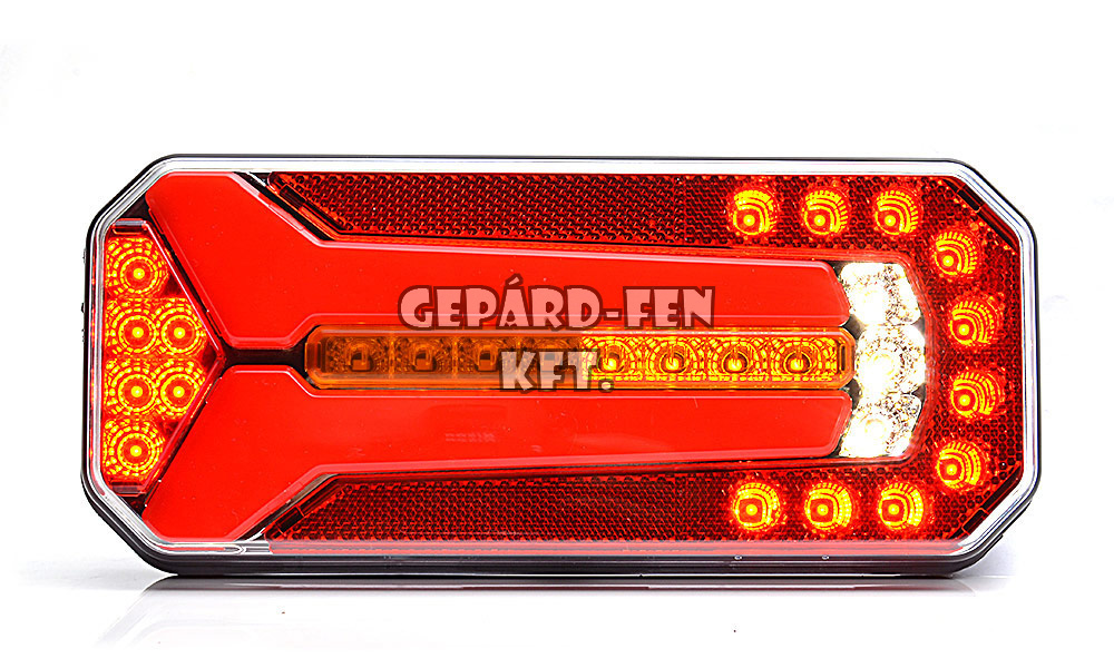 W150DD.tipuscsalád.1123.Univverzális,Led,-es (részben NEON) hátsólámpa.JOBB-BAL! 12-24V,-os kivitel. 5 funkció,  (hj.+fék+FUTÓINDEX +köd+tolató) Méretei: 236X104mm, vast.: 40/61mm, csavartáv.: 150mm.Vízállóság: IP66/68. 2m bekötési vezetékkel.