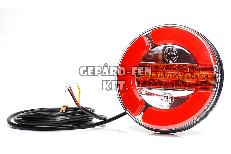 W153,-as tipuscsalád. 1129. Kerek, Led,-es (részben NEON) hátsólámpa. Új design, FUTÓ INDEXES, 3funkció.(hj.+fék+index), 12V-24V, átm.: 142mm, vast.: 38mm, csavartáv.: 45mm.