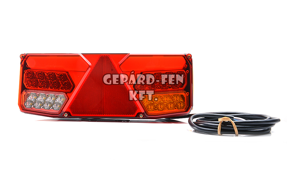 W137,-es tipuscslád. 1039. 12-24V-os pótkocsi hátsólámpa 5kamrás teljesen LED-es-részben NEON- (hj.+fék+index+tolató+köd+szélességj.), háromszögprizmás, JOBB oldal, 350x130mm, vast.: 80mm, csavartáv.: 150mm . Párja: WAS0352.