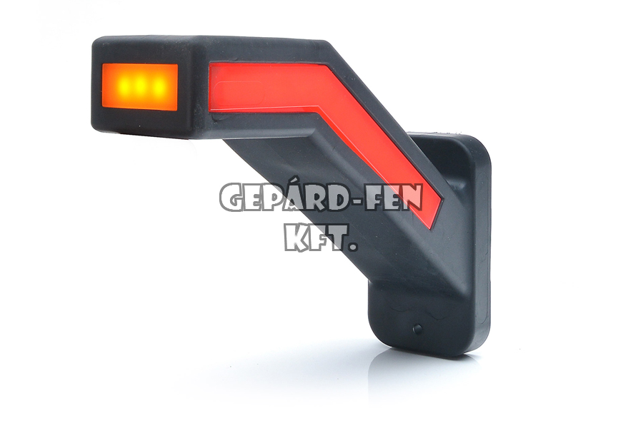 W168.1 tipuscsalád.1165L. Újdonság !! Új tipusú tömb (kocka) formájú 45 fokban hajlított, hosszú oldalain teljesen beépített NEON-LED,-es szélességjelző.12-24V Piros-fehér- sárga.Méretei: alaplap: 145,5x58mm. kinyúlás: 185mm.BAL oldal.Vízál:IP6K9K