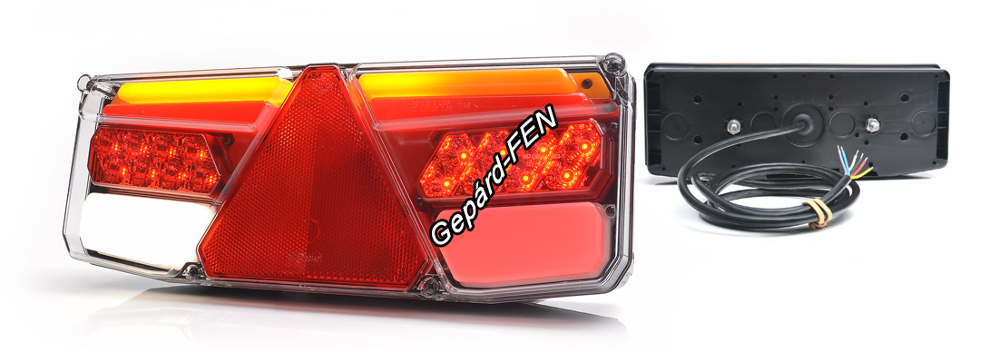 W170 DD tipuscsalád.1187DD.Jobb oldali 12-24V,-os LED,-es(részben NEON) 5 funkciós(helyzetjelző,fék, irányjelző,tolató, ködfény) hátsó lámpa, háromszög prizmával, 2m vezetékkel.Méretei: 350x131x81mm,Felfogatás:hátul 2db M8,-as csavarral.Vízáll:IP68.