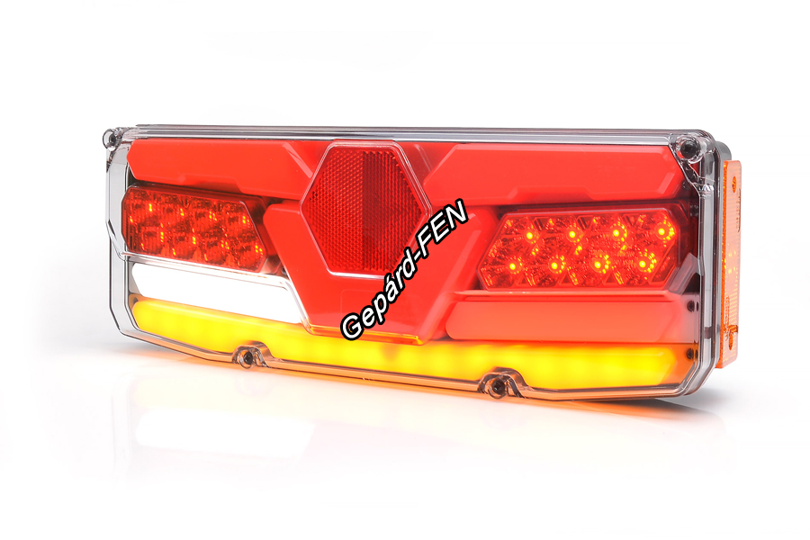 W171 DD lámpacsalád. 1199DD. JOBB oldali 12-24V,-os LED,-es(részben NEON) 5 funkciós (Lásd WAS0372) hátsó lámpa hatszögletü prizmával, 2m vezetékkel.Méretei: 350x131x81mm. Felfogatás: hátul 2db M8x1,5 mm,-es csavarral.Csavartáv: 150mm.Vizáll:IP68