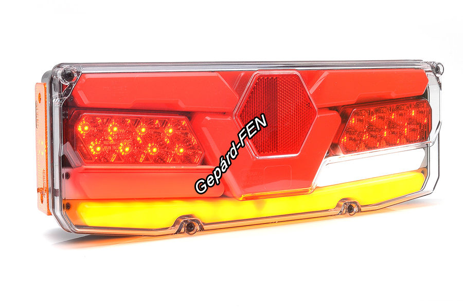 W171 DD lámpacsalád. 1196DD. BAL oldali 12-24V,-os LED,-es(részben NEON) 5 funkciós (helyzetjelzõ, fék, irányjelzõ, tolató, ködfény) hátsó lámpa,hatszögletü prizmával, 2m vezetékkel. Méretei: 350x131x81mm. Felfogatás: hátul 2db M8x1,5 mm csavar.IP68!