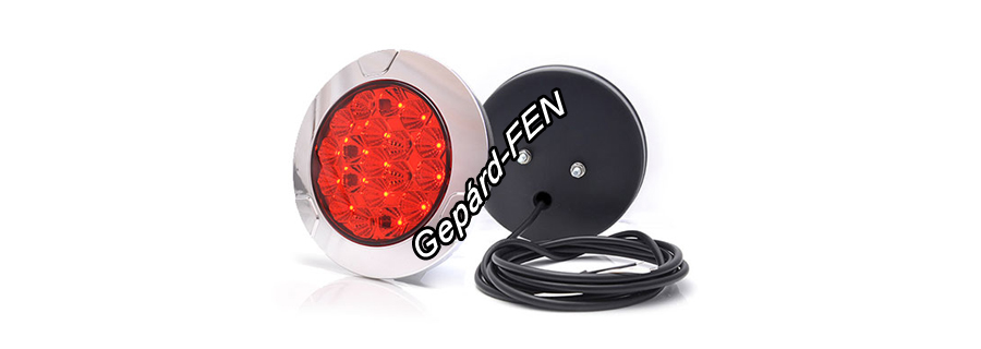 W141,-es tipuscsalád.1082/I. LED,-es lapos kerek hátsó ködlámpa, krómkerettel, 2m vezetékkel. 12-24 V,-os kivitel.Méretei: Átm. 150mm. Mélység: 37,5 mm.Felfogatás. Hátul, 2db csavarhely elõkészítéssel.Vízállóság: IP66/68