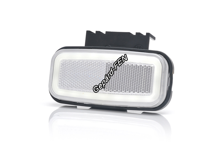 W199,-es tipuscsalád.1404. Első (fehér) NEON Led,-es helyzetjelző lámpa, prizmával.felfogatási adapterrel. 12-24V,-os kivitel. Vízállóság: IP6K9!Méretei: 117X56X42mm. 25 cm vezetékkel.