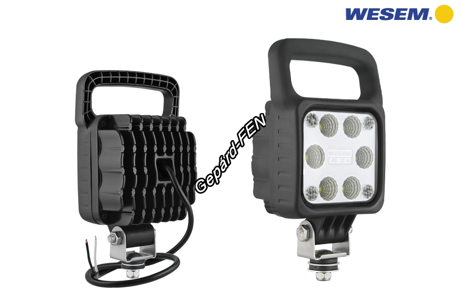 LED2F.47610. Kocka munkalámpa, Felső kézi markolattal. 6LED terítő (50") 12-24V-2000 Lumen teljesítmény. IP67-69k. 0,5m kábbel, magasított tartó. Ennek a lámpának a felső markolat nélküli kivitele a:WES0406, a kissebb teljesítményű kivitele a: WES297