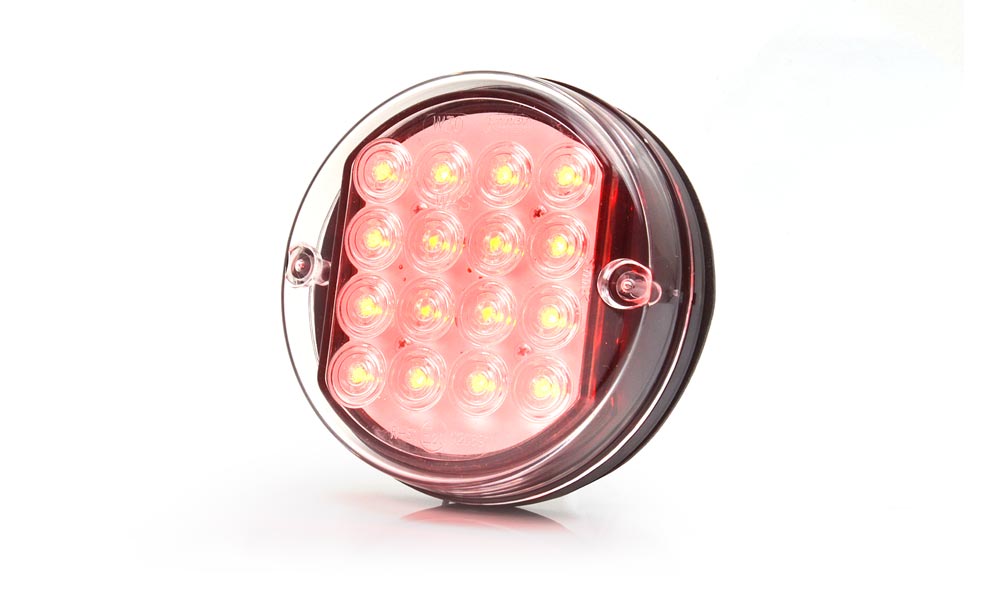 !!!AKCIÓ!!! a készlet erejéig - Univerzális kerek 16LED-es Hátsólámpa, 2funkciós: Helyzetj.+Fék, 24V, átm.: 115mm, vast.: 37mm, csavartáv.: 46mm (167-W30)